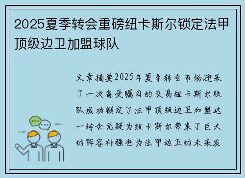 2025夏季转会重磅纽卡斯尔锁定法甲顶级边卫加盟球队